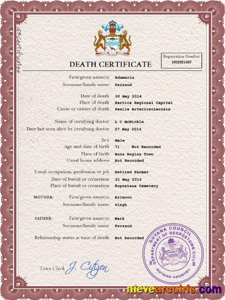 Guyana vital record death certificate